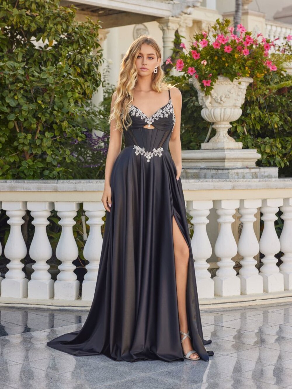 New A-Line Black Rhinestones Embellished Elegant Dress w/ V-Neck JT2711T
